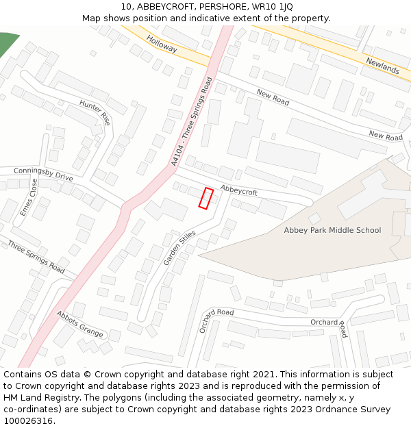 10, ABBEYCROFT, PERSHORE, WR10 1JQ: Location map and indicative extent of plot