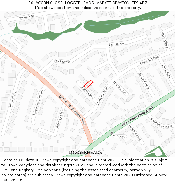 10, ACORN CLOSE, LOGGERHEADS, MARKET DRAYTON, TF9 4BZ: Location map and indicative extent of plot