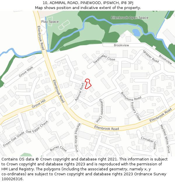 10, ADMIRAL ROAD, PINEWOOD, IPSWICH, IP8 3PJ: Location map and indicative extent of plot