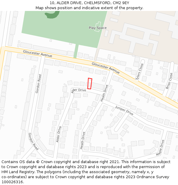 10, ALDER DRIVE, CHELMSFORD, CM2 9EY: Location map and indicative extent of plot