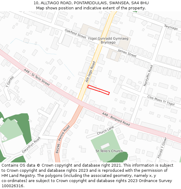 10, ALLTIAGO ROAD, PONTARDDULAIS, SWANSEA, SA4 8HU: Location map and indicative extent of plot