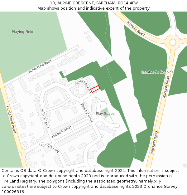 10, ALPINE CRESCENT, FAREHAM, PO14 4FW: Location map and indicative extent of plot