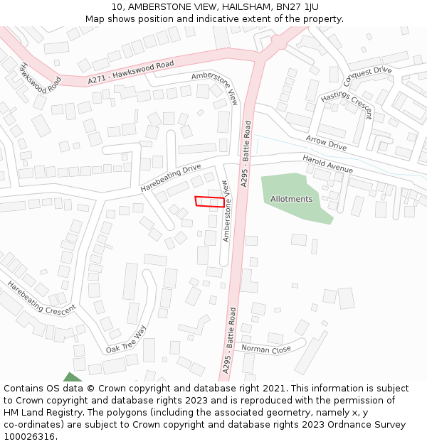 10, AMBERSTONE VIEW, HAILSHAM, BN27 1JU: Location map and indicative extent of plot