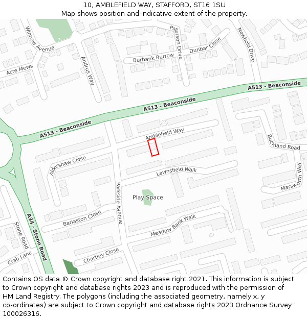 10, AMBLEFIELD WAY, STAFFORD, ST16 1SU: Location map and indicative extent of plot
