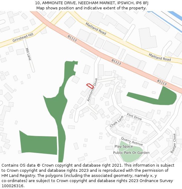 10, AMMONITE DRIVE, NEEDHAM MARKET, IPSWICH, IP6 8FJ: Location map and indicative extent of plot