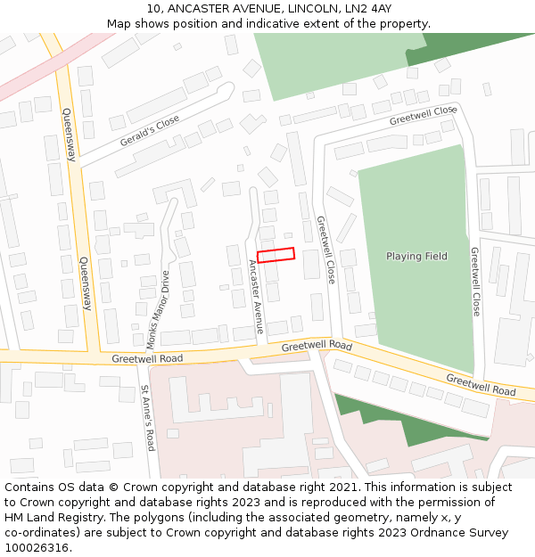 10, ANCASTER AVENUE, LINCOLN, LN2 4AY: Location map and indicative extent of plot