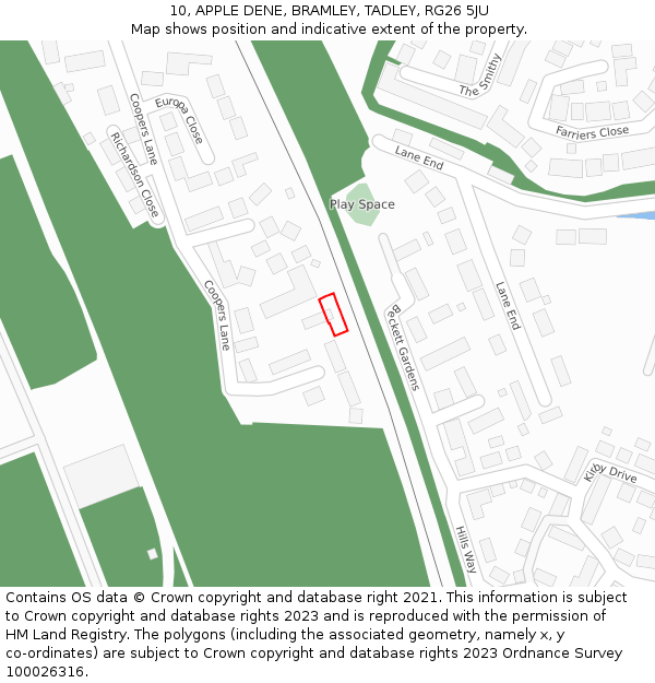 10, APPLE DENE, BRAMLEY, TADLEY, RG26 5JU: Location map and indicative extent of plot