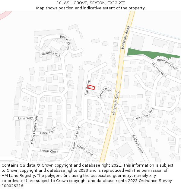 10, ASH GROVE, SEATON, EX12 2TT: Location map and indicative extent of plot