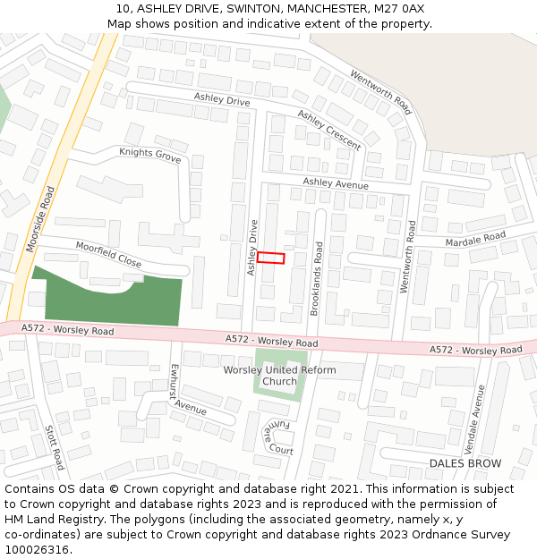 10, ASHLEY DRIVE, SWINTON, MANCHESTER, M27 0AX: Location map and indicative extent of plot