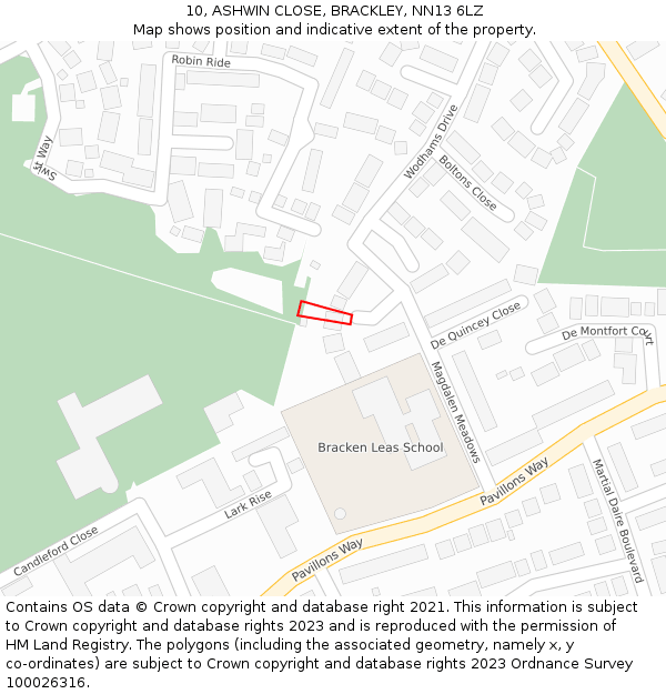 10, ASHWIN CLOSE, BRACKLEY, NN13 6LZ: Location map and indicative extent of plot