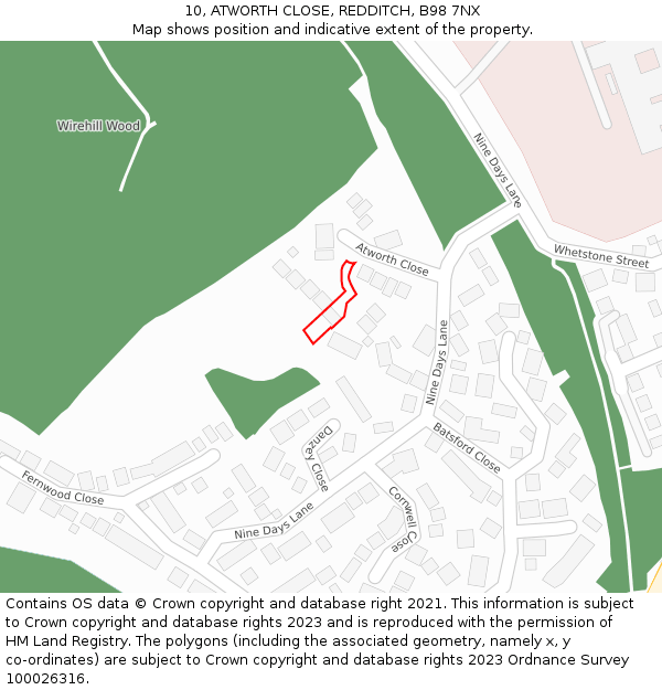 10, ATWORTH CLOSE, REDDITCH, B98 7NX: Location map and indicative extent of plot