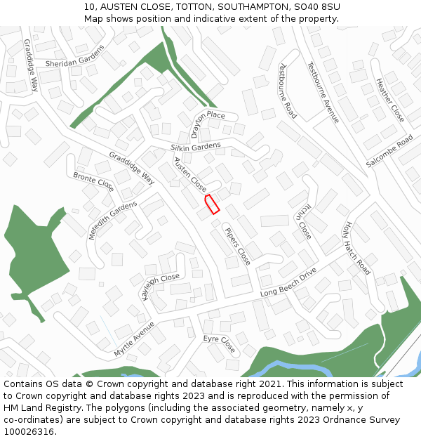 10, AUSTEN CLOSE, TOTTON, SOUTHAMPTON, SO40 8SU: Location map and indicative extent of plot