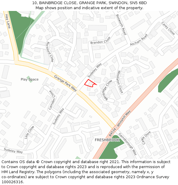 10, BAINBRIDGE CLOSE, GRANGE PARK, SWINDON, SN5 6BD: Location map and indicative extent of plot