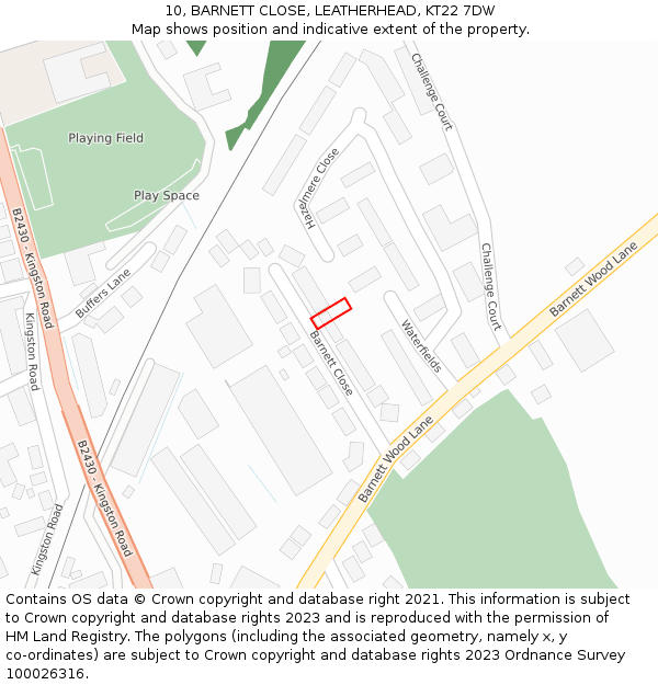 10, BARNETT CLOSE, LEATHERHEAD, KT22 7DW: Location map and indicative extent of plot