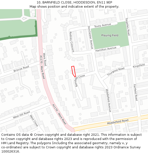 10, BARNFIELD CLOSE, HODDESDON, EN11 9EP: Location map and indicative extent of plot