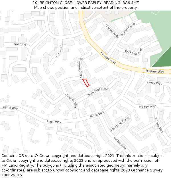 10, BEIGHTON CLOSE, LOWER EARLEY, READING, RG6 4HZ: Location map and indicative extent of plot