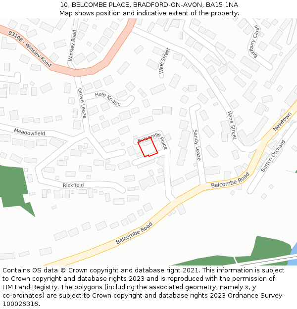 10, BELCOMBE PLACE, BRADFORD-ON-AVON, BA15 1NA: Location map and indicative extent of plot