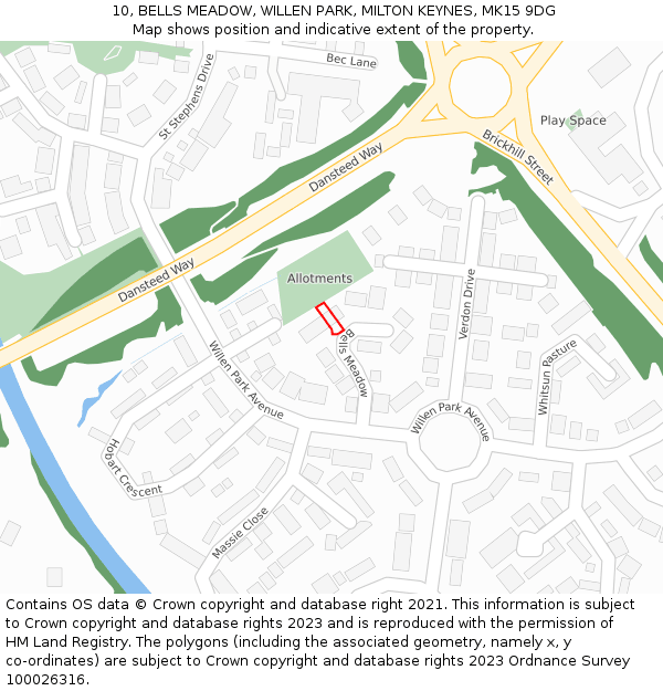 10, BELLS MEADOW, WILLEN PARK, MILTON KEYNES, MK15 9DG: Location map and indicative extent of plot