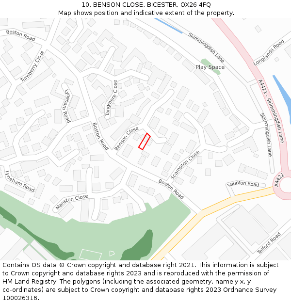10, BENSON CLOSE, BICESTER, OX26 4FQ: Location map and indicative extent of plot