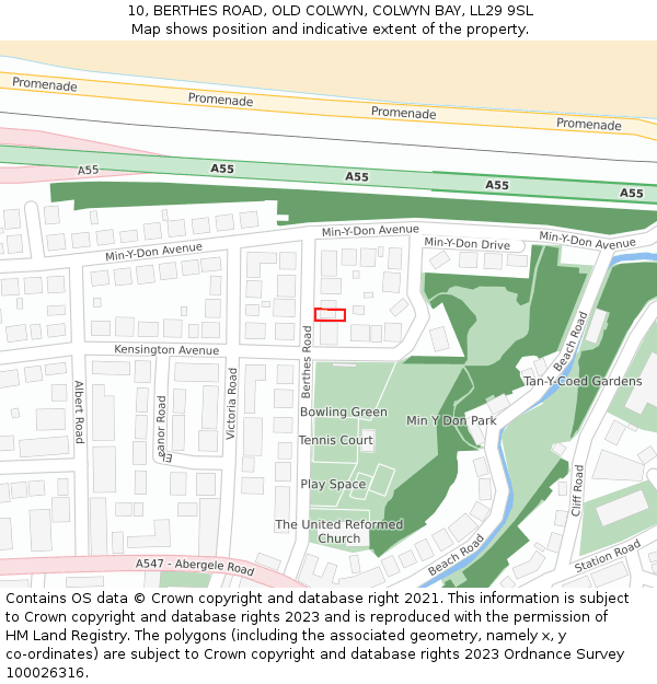 10, BERTHES ROAD, OLD COLWYN, COLWYN BAY, LL29 9SL: Location map and indicative extent of plot