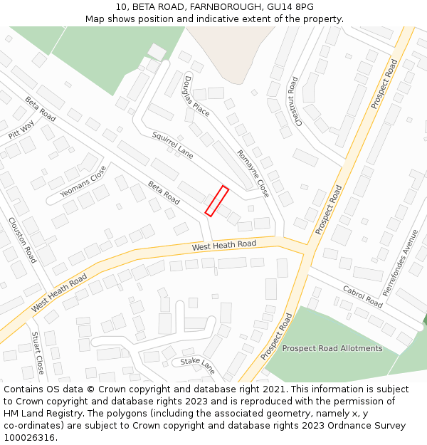 10, BETA ROAD, FARNBOROUGH, GU14 8PG: Location map and indicative extent of plot