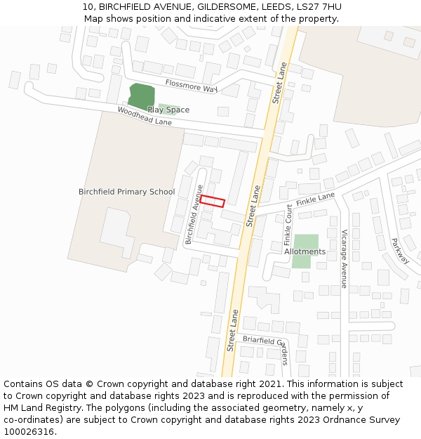 10, BIRCHFIELD AVENUE, GILDERSOME, LEEDS, LS27 7HU: Location map and indicative extent of plot