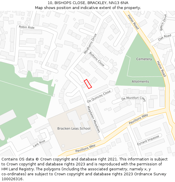 10, BISHOPS CLOSE, BRACKLEY, NN13 6NA: Location map and indicative extent of plot