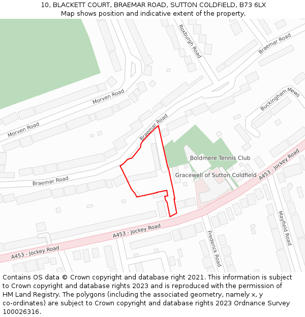 10, BLACKETT COURT, BRAEMAR ROAD, SUTTON COLDFIELD, B73 6LX: Location map and indicative extent of plot