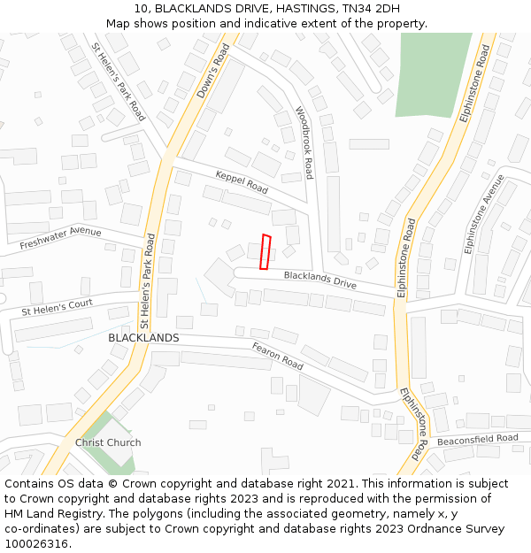 10, BLACKLANDS DRIVE, HASTINGS, TN34 2DH: Location map and indicative extent of plot