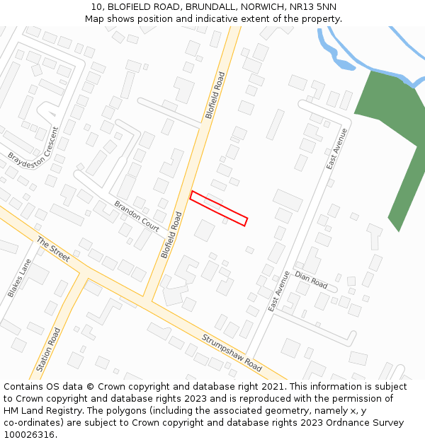 10, BLOFIELD ROAD, BRUNDALL, NORWICH, NR13 5NN: Location map and indicative extent of plot