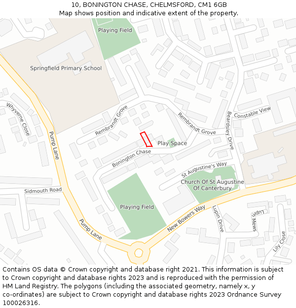 10, BONINGTON CHASE, CHELMSFORD, CM1 6GB: Location map and indicative extent of plot