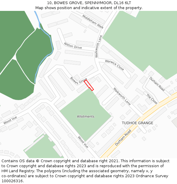 10, BOWES GROVE, SPENNYMOOR, DL16 6LT: Location map and indicative extent of plot