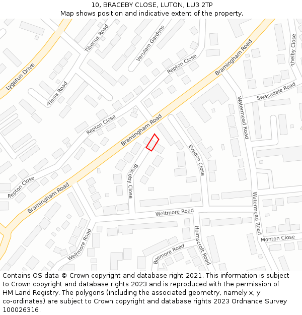 10, BRACEBY CLOSE, LUTON, LU3 2TP: Location map and indicative extent of plot