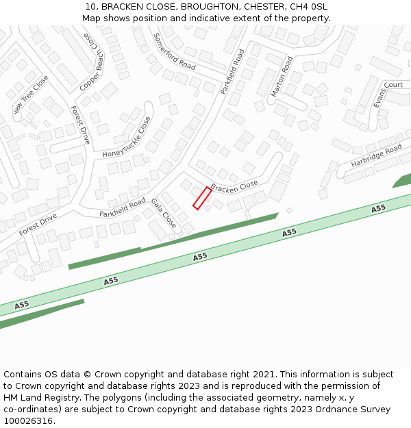 10, BRACKEN CLOSE, BROUGHTON, CHESTER, CH4 0SL: Location map and indicative extent of plot