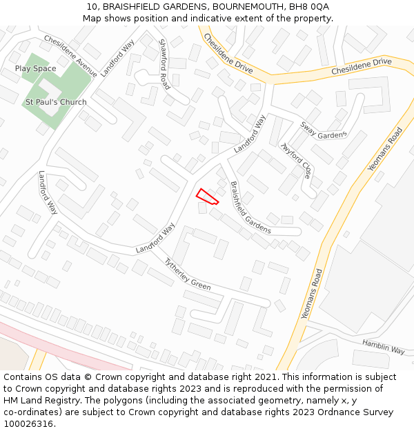 10, BRAISHFIELD GARDENS, BOURNEMOUTH, BH8 0QA: Location map and indicative extent of plot