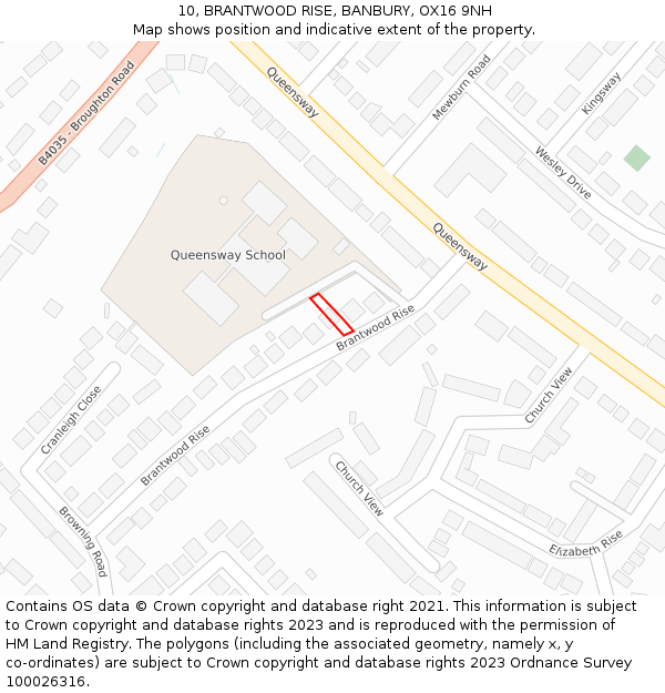 10, BRANTWOOD RISE, BANBURY, OX16 9NH: Location map and indicative extent of plot