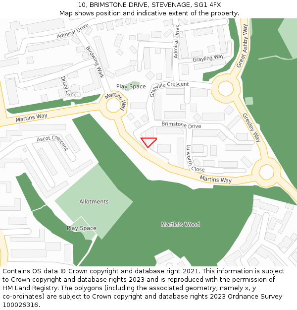 10, BRIMSTONE DRIVE, STEVENAGE, SG1 4FX: Location map and indicative extent of plot