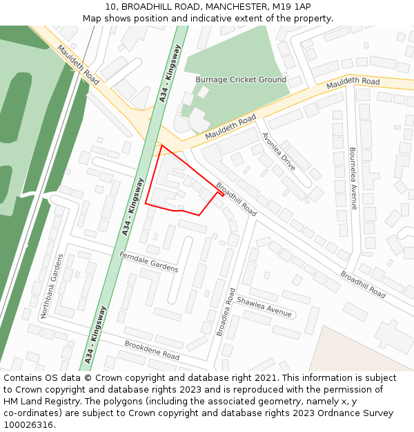 10, BROADHILL ROAD, MANCHESTER, M19 1AP: Location map and indicative extent of plot