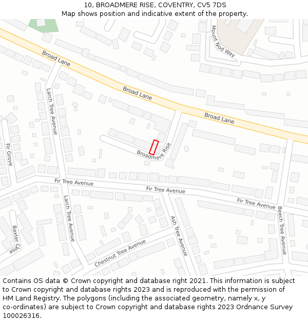 10, BROADMERE RISE, COVENTRY, CV5 7DS: Location map and indicative extent of plot