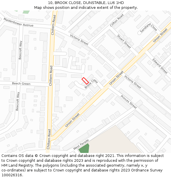10, BROOK CLOSE, DUNSTABLE, LU6 1HD: Location map and indicative extent of plot