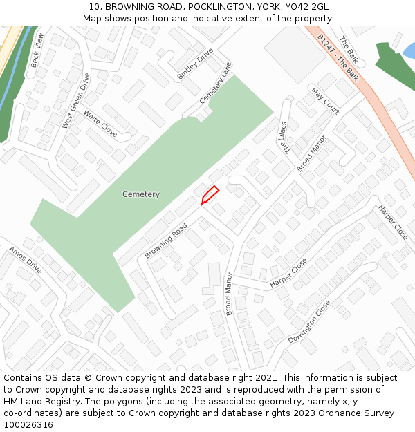 10, BROWNING ROAD, POCKLINGTON, YORK, YO42 2GL: Location map and indicative extent of plot