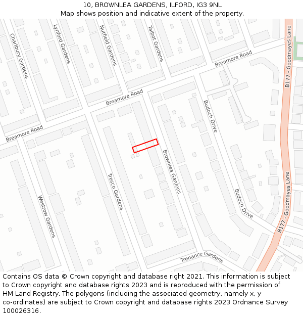 10, BROWNLEA GARDENS, ILFORD, IG3 9NL: Location map and indicative extent of plot