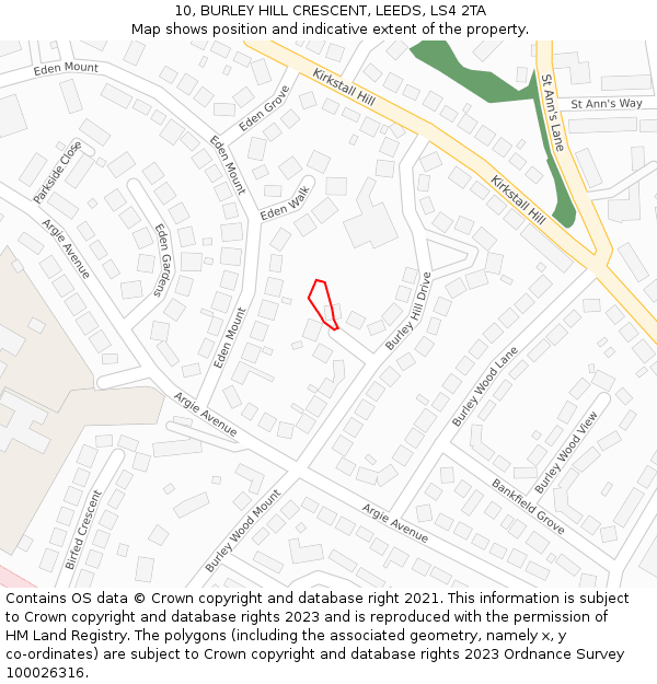 10, BURLEY HILL CRESCENT, LEEDS, LS4 2TA: Location map and indicative extent of plot