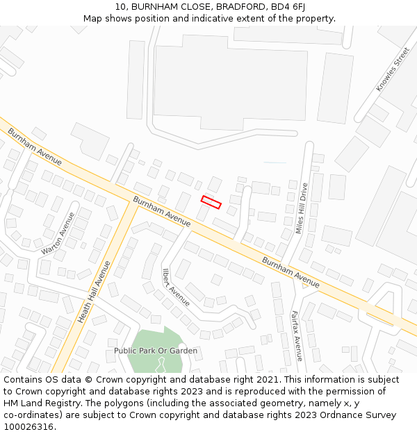 10, BURNHAM CLOSE, BRADFORD, BD4 6FJ: Location map and indicative extent of plot