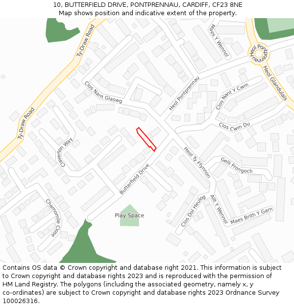 10, BUTTERFIELD DRIVE, PONTPRENNAU, CARDIFF, CF23 8NE: Location map and indicative extent of plot
