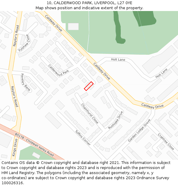 10, CALDERWOOD PARK, LIVERPOOL, L27 0YE: Location map and indicative extent of plot
