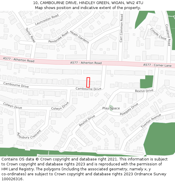 10, CAMBOURNE DRIVE, HINDLEY GREEN, WIGAN, WN2 4TU: Location map and indicative extent of plot