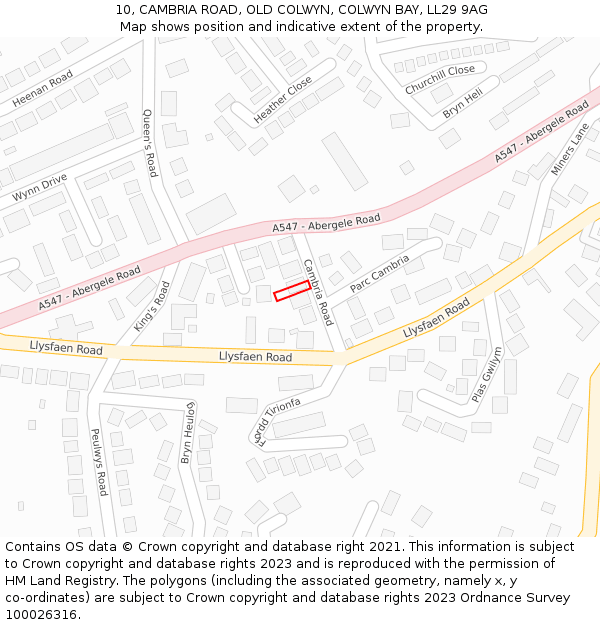 10, CAMBRIA ROAD, OLD COLWYN, COLWYN BAY, LL29 9AG: Location map and indicative extent of plot