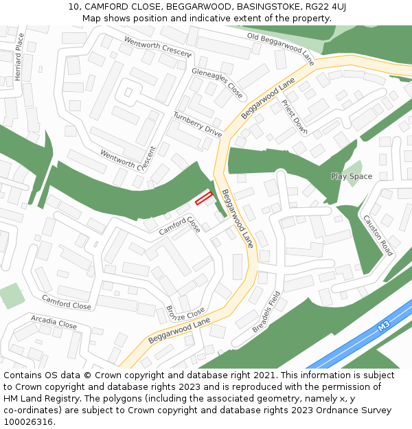 10, CAMFORD CLOSE, BEGGARWOOD, BASINGSTOKE, RG22 4UJ: Location map and indicative extent of plot