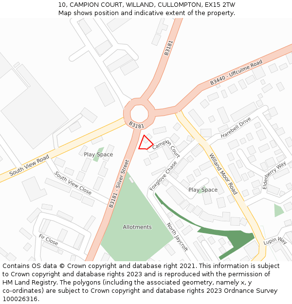 10, CAMPION COURT, WILLAND, CULLOMPTON, EX15 2TW: Location map and indicative extent of plot